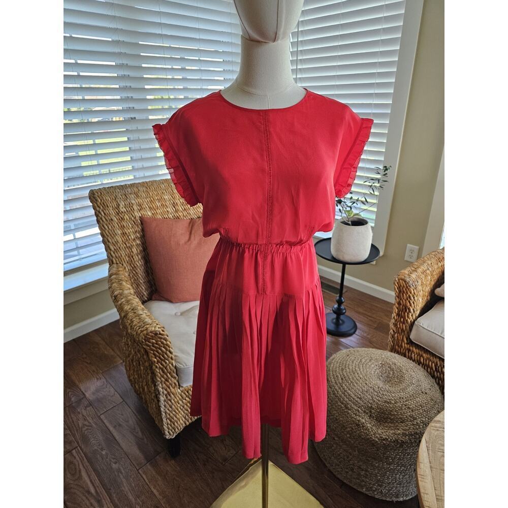Madewell Dress Red Drop Pleat 100% Silk Round Neck Sleeveless Ruffle Trim Size 0